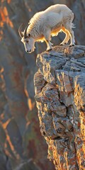 Poster - Mountain goat on cliff, close up, steady footing, sunrise light 