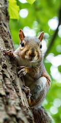 Wall Mural - Squirrel on tree, close up, acorn feast, lush green, playful