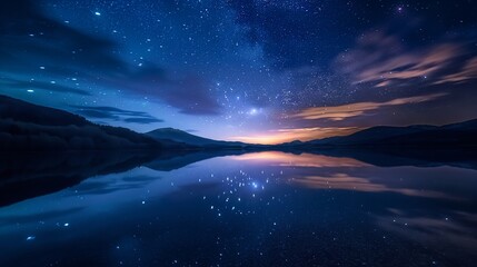 Wall Mural -  starry night sky over a calm lake,