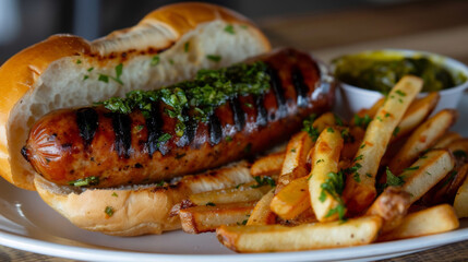 Close-up of an argentine choripan with chimichurri on a bun, alongside golden french fries