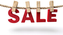 The Word "SALE" In Red Letters On Clothesline Isolated On White Background