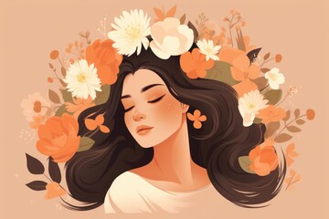 Wall Mural - Beautiful girl with flowers in her hair, fashionable illustration, isolated background, watercolor painting. 