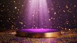 purple podium product stage with spotlight and golden glitter background