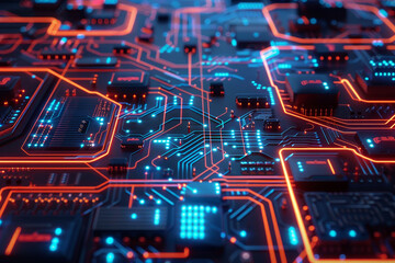 Poster - A close up of a computer chip with a red and blue background. The chip is a part of a computer and is surrounded by other computer chips