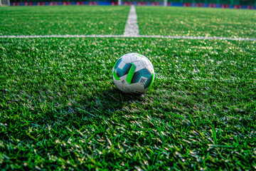 Wall Mural - A soccer ball is sitting on a green field. The field is well-maintained and the grass is lush and green