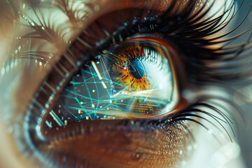 Poster - A close up of a woman's eye with a reflection of a city in the water. The eye is surrounded by a blurry, hazy effect, giving the impression of a dream or a surreal scene
