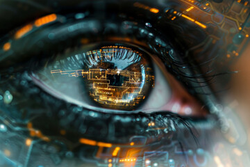 Poster - A close up of a person's eye with a city reflected in it. The eye is surrounded by a blurry, pixelated background, giving the impression of a futuristic, digital world