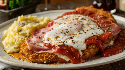 Wall Mural - Delicious plate of argentine milanesa topped with ham, cheese, and tomato sauce, served alongside creamy mashed potatoes