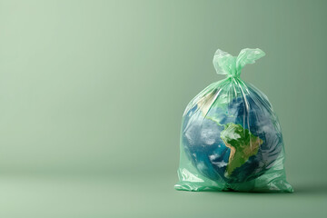 Plastic free reduce waste, planet earth wrapped in a plastic bag green background copy space, reuse recycle environment conservation