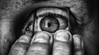A conceptual monochrome photo of hands gripping prison bars within a human eye, symbolizing entrapment and limitation