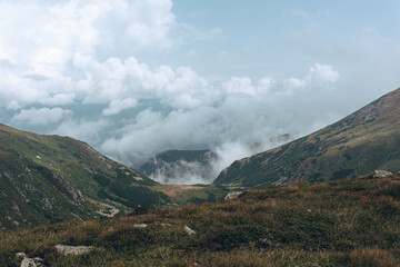 Aerial view of rocky peak of Spitz mountain in the Carpathian mountains