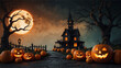 halloween spooky house background with jack-o pumpkins. Generative AI.