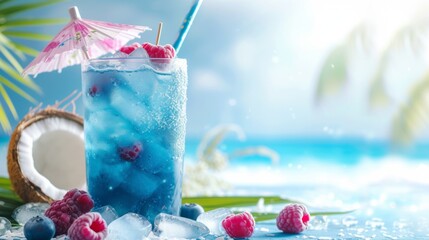 blue raspberry coconut punch with ice cubes and a sunny background copy space