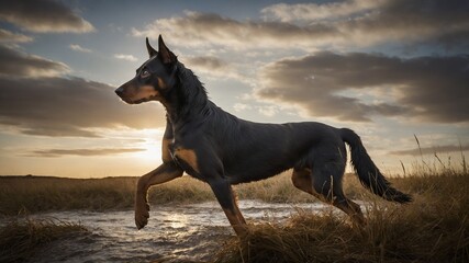 Wall Mural - Black, tan dog, captured mid-stride, showcases graceful yet powerful movement against backdrop of setting sun that paints sky with hues of orange, blue. Canines muscles visibly defined.