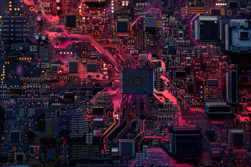 Poster - A close up of a computer chip with a red background