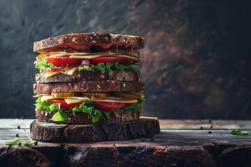 Wall Mural - A sandwich with lettuce, tomato, and cheese is piled on top of another sandwich