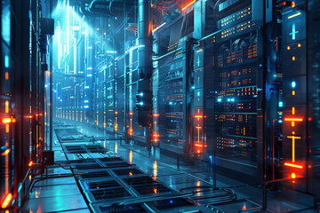 Poster - A futuristic computer room with neon lights and a blue background