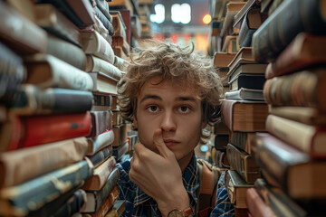 A young man is standing in a library with his head in a stack of books