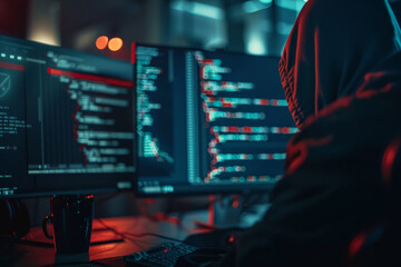 Poster - A man in a hoodie is sitting in front of two computer monitors
