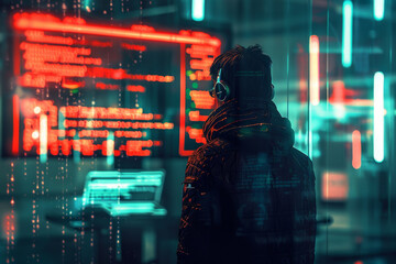 Poster - A man is standing in front of a computer screen with a red background
