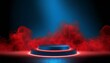 Hypnotic Hues: Abstract Podium with Neon Blue Light and Red Smoke Element