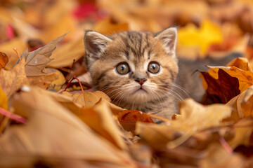 Wall Mural - A kitten is sitting in a pile of leaves