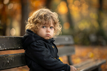 Wall Mural - A young child sits on a bench with a frown on his face