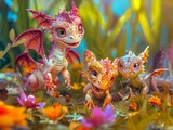 Fototapeta Desenie - Playful Baby Dragons,cheerful setting, great for lighter, humorous content or children's entertainment