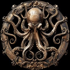 Wall Mural - a bronze octopus in a round frame