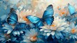 Blue Butterflies on White Flowers Oil Painting