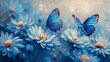 Blue Butterflies Hovering Over White Daisies Painting