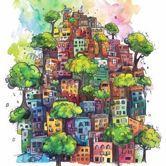 Poster - a colorful cityscape with trees