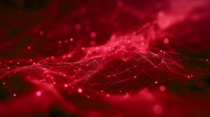 Wall Mural - Red abstract background with a connected network grid and particles