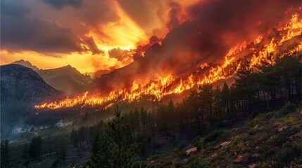 Sticker - Sunset over fiery forest, with vibrant red hues painting the sky, clouds drifting above mountains, nature's beauty amidst darkness, sunlight shining through