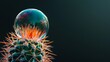 A soap bubble hovering close to a cactus on a black background represents the concepts of risk, danger, and fragility