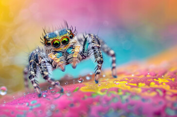 Wall Mural - A closeup of the face and legs of an iridescent peacock spider, with vivid colors that reflect its surroundings