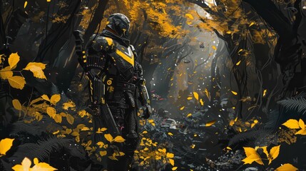 Wall Mural - a man in a black armor in a forest