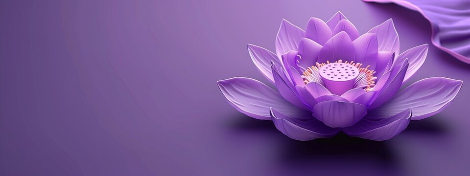 A three-dimensional ornamental flower in purple. Wallpaper for celebrations. Rendered in 3D, copy space