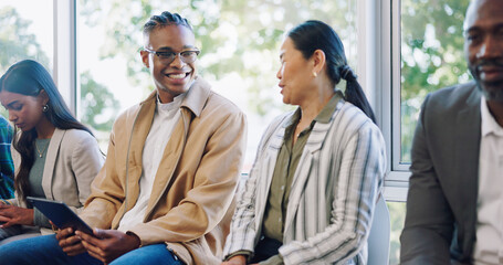 Aufkleber - Networking, tablet and business people with a handshake at a seminar, meeting and discussion. Smile, office and employees shaking hands with technology and speaking while waiting for an interview