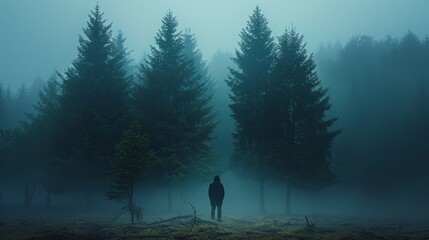 Wall Mural - a person standing in a foggy forest
