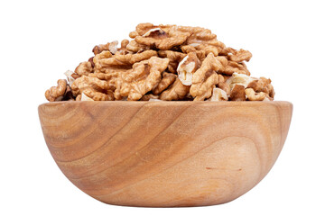 Wall Mural - Walnut kernel halves, in wooden bowl isolated on white background. Shelled, dried seeds of the common walnut tree Juglans regia, used as snack or for baking isolated on white background, 