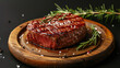 Angus beef steak on wood dish with black background in studio light. Food concept. Generative AI