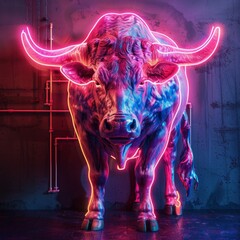 Wall Mural - a statue of a bull with neon lights