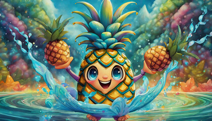  oil painting style Cartoon character pineapple in water splash
