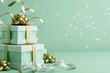 Festive gift boxes with gold ribbons and bows on green background with confetti for celebration concept