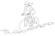 One continuous line. Cyclist on a bike in the mountains. Mountain bike. Extreme sport.Woman cyclist.One continuous line drawn isolated, white background.