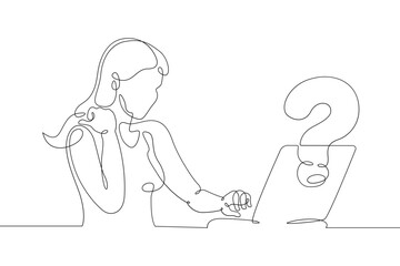 Poster - One continuous line.Woman is sitting at a laptop. Search for an answer to a question on the Internet. Computer work.One continuous line drawing. Line Art isolated white background.