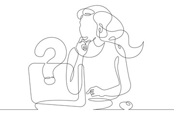 Poster - one continuous line.woman is sitting at a laptop. search for an answer to a question on the internet