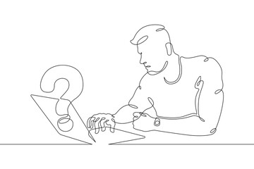 Poster - One continuous line.Man is sitting at a laptop. Search for an answer to a question on the Internet. Computer work.One continuous line drawing. Line Art isolated white background.