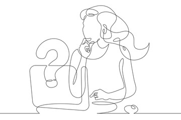 Poster - One continuous line.Woman is sitting at a laptop. Search for an answer to a question on the Internet. Computer work.One continuous line drawing. Line Art isolated white background.